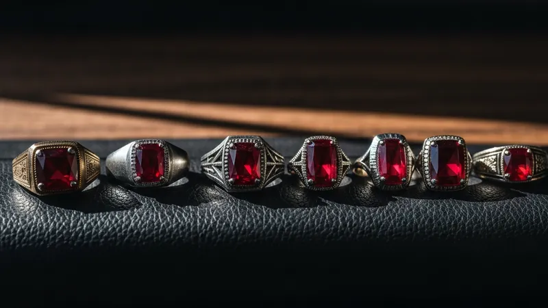Bague rubis vintage posée sur un tissu de soie ancien