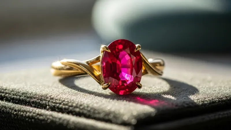 Bague rubis solitaire photographiée en lumière naturelle